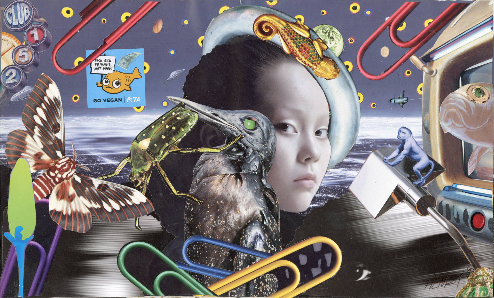 Collage image of the face of a girl partially hidden behind a bird with fish, paperclips, butterflies and other objects around them.